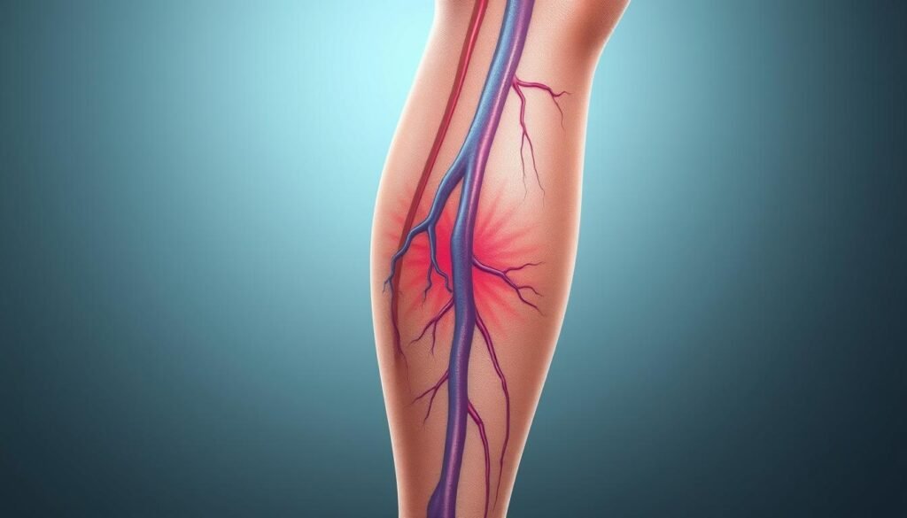 A high-quality medical illustration of a human leg showing veins affected by varicose veins condition. The image is captured with a professional camera lens, showcasing the circulatory system and subcutaneous tissue in vivid detail. The lighting is soft and diffused, creating a serene, educational atmosphere. The composition places the affected area in the center, with a slightly elevated angle to provide a clear view. The color palette is muted yet accurate, highlighting the various shades of blue, purple, and red associated with varicose veins. The overall tone is informative and intended to educate the viewer about this common vein health issue.