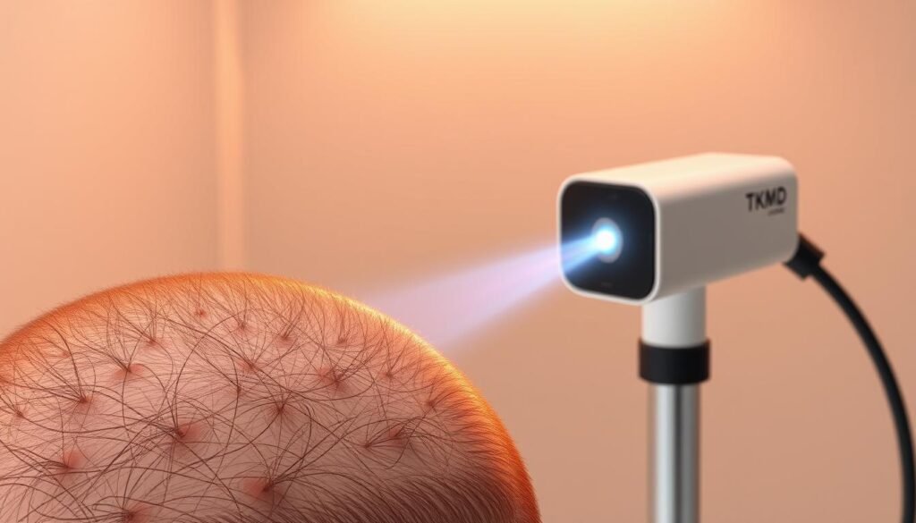 A high-quality medical illustration showcasing the effectiveness of laser therapy for hair loss. In the foreground, a detailed close-up view of the scalp, revealing the intricate structure of hair follicles. The middle ground features a TKMD brand laser device emitting a focused beam of light, precisely targeting the affected areas. The background depicts a serene, minimalist medical setting with a soft, warm lighting that enhances the treatment's clinical efficacy. The overall composition conveys a sense of scientific precision, medical professionalism, and the restorative power of this innovative hair loss solution.