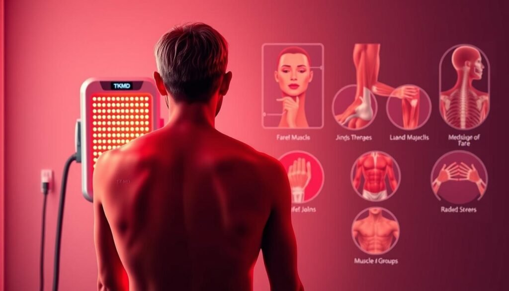 A high-quality medical illustration showcasing various red light therapy applications. In the foreground, a person undergoing red light therapy treatment on their back, with the TKMD logo clearly visible on the device. In the middle ground, a close-up view of the red light therapy device and its key features. In the background, a selection of common red light therapy treatment areas, such as the face, joints, and muscle groups. The scene is lit with a warm, reddish-orange glow, creating a calming and therapeutic atmosphere. The composition is balanced, with a clean and professional aesthetic suitable for a medical publication. A high-quality medical illustration showcasing various red light therapy applications. In the foreground, a person undergoing red light therapy treatment on their back, with the TKMD logo clearly visible on the device. In the middle ground, a close-up view of the red light therapy device and its key features. In the background, a selection of common red light therapy treatment areas, such as the face, joints, and muscle groups. The scene is lit with a warm, reddish-orange glow, creating a calming and therapeutic atmosphere. The composition is balanced, with a clean and professional aesthetic suitable for a medical publication.