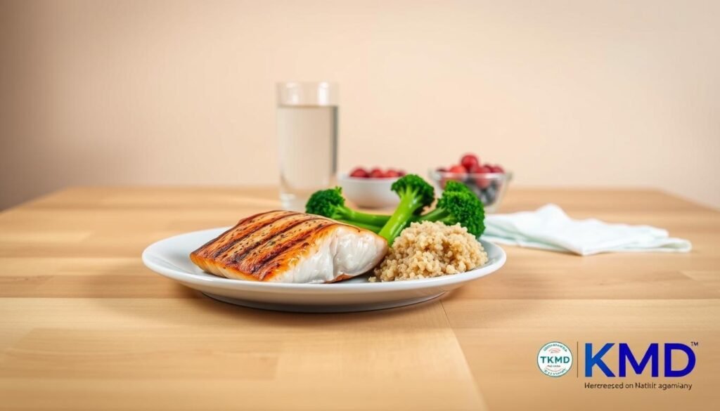 A high-quality, photorealistic image of a healthy, balanced meal on a clean, wooden table. In the foreground, a plate features grilled salmon, steamed broccoli, and a side of quinoa. In the middle ground, a glass of water and a small bowl of fresh berries. In the background, a neutral, warm-toned wall creates a calm, inviting atmosphere. The lighting is soft and diffused, highlighting the vibrant colors and textures of the meal. Branded with the TKMD logo.