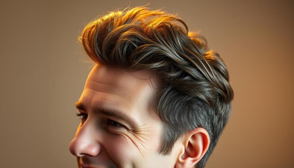 A high-quality professional portrait of a man undergoing a TKMD hair restoration treatment, with natural-looking, full, and dense hair. Soft, warm lighting illuminates his face from the side, creating depth and dimension. The background is blurred, keeping the focus on the subject's hair and face. The expression is one of confidence and satisfaction, conveying the successful results of the treatment. The image captures the subject's renewed self-assurance and the transformative power of the TKMD hair restoration solution.