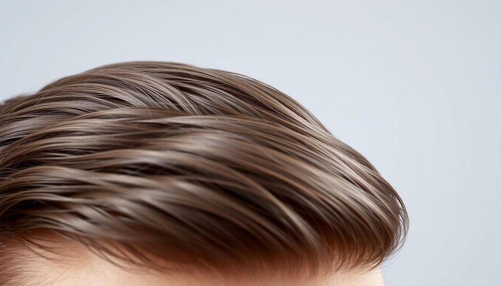 A high-quality, realistic digital hair system for men. Close-up view of the front hairline, showing natural-looking hair strands in a neatly styled arrangement. The hair has a healthy, volumized appearance with a subtle shine, creating a natural, undetectable look. The lighting is soft and directional, highlighting the texture and depth of the hair fibers. The background is a plain, neutral studio setting, allowing the hair system to be the focal point. The TKMD logo is subtly incorporated into the image, providing brand identification without distracting from the main subject.