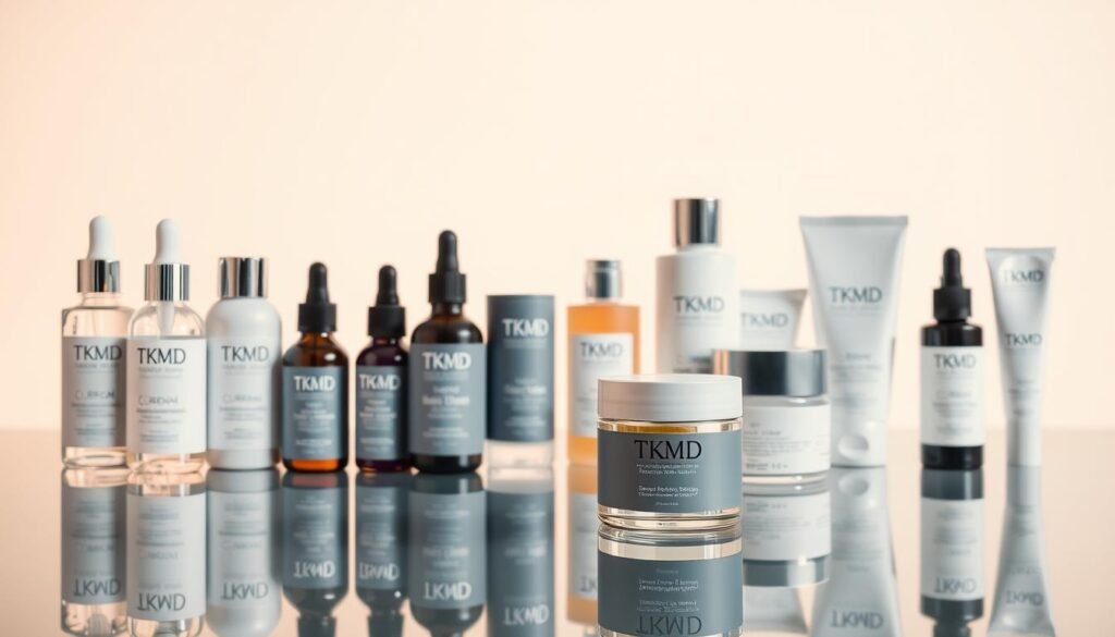 A high-quality, well-lit studio photograph showcasing an assortment of TKMD razor bump treatment products. The foreground features a variety of serums, lotions, and creams in minimalist packaging, arranged artfully on a clean, reflective surface. The middle ground shows a close-up of a single TKMD product, its label clearly visible. The background is a soft, neutral backdrop that allows the products to stand out. The lighting is soft and even, creating a sense of warmth and professionalism. The overall composition and styling convey a sense of clinical effectiveness and consumer-friendly aesthetics. A high-quality, well-lit studio photograph showcasing an assortment of TKMD razor bump treatment products. The foreground features a variety of serums, lotions, and creams in minimalist packaging, arranged artfully on a clean, reflective surface. The middle ground shows a close-up of a single TKMD product, its label clearly visible. The background is a soft, neutral backdrop that allows the products to stand out. The lighting is soft and even, creating a sense of warmth and professionalism. The overall composition and styling convey a sense of clinical effectiveness and consumer-friendly aesthetics.