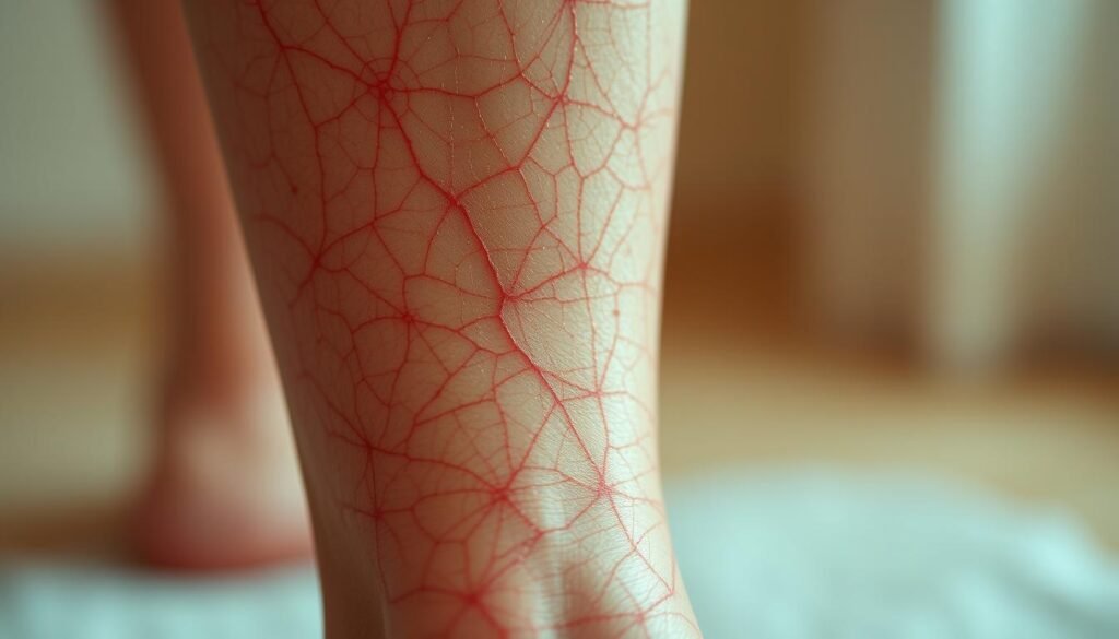 A high-resolution close-up image of spider veins on a person's leg, captured under soft, even lighting that accentuates the intricate patterns of the dilated blood vessels. The focus is sharp, revealing minute details of the web-like network of spider veins. The background is blurred, creating a sense of depth and emphasizing the subject. The lighting is warm and natural, casting a subtle glow on the skin. This image is to be used in an article about spider veins treatment in Dubai, showcasing the expertise of TKMD in addressing this common vascular condition.
