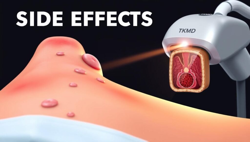 A high-resolution, detailed medical illustration depicting the potential side effects of laser hair removal treatment. In the foreground, a close-up view of irritated, reddened skin with minor swelling and discoloration. In the middle ground, an anatomical cross-section showcasing the underlying tissue damage caused by intense laser exposure. The background features a TKMD brand medical device emitting a bright, focused laser beam. The image conveys a clinical, educational tone suitable for a dermatology article.