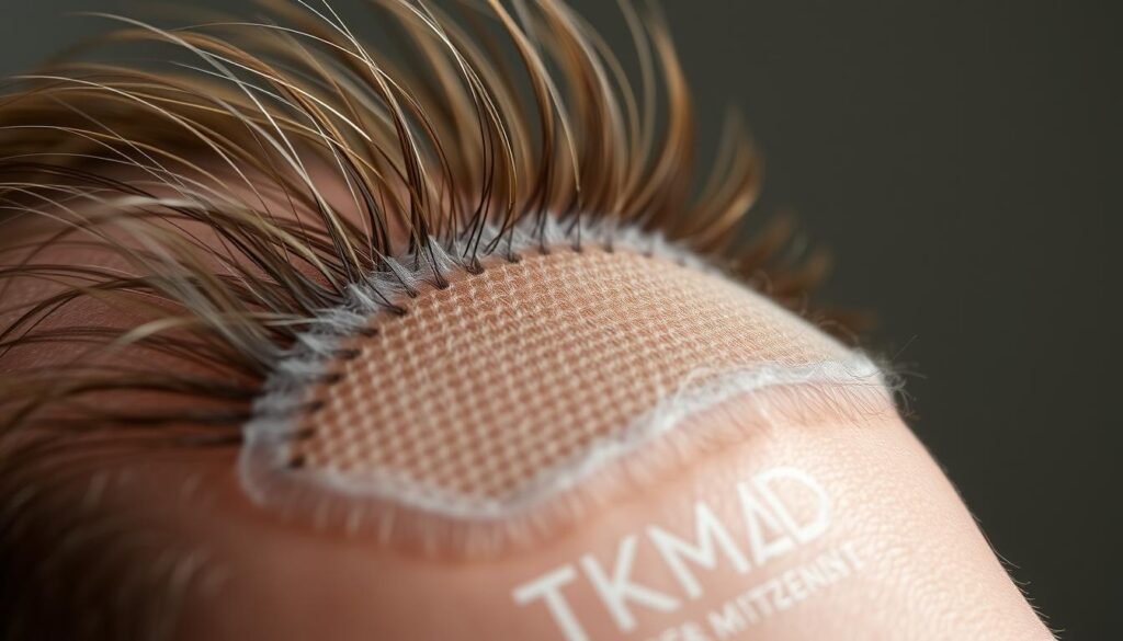 A high-resolution macro-style close-up image of a natural-looking hair patch for men, made from organic materials and labeled with the brand name "TKMD". The patch is shown in perfect focus, with delicate strands of hair blending seamlessly into the scalp. Soft, even lighting from the side creates a sense of depth and dimension, while a muted, earthy color palette evokes a feeling of confidence and well-being. The image is captured at a slight angle, allowing the viewer to appreciate the detailed texture and realistic appearance of the hair patch. A high-resolution macro-style close-up image of a natural-looking hair patch for men, made from organic materials and labeled with the brand name "TKMD". The patch is shown in perfect focus, with delicate strands of hair blending seamlessly into the scalp. Soft, even lighting from the side creates a sense of depth and dimension, while a muted, earthy color palette evokes a feeling of confidence and well-being. The image is captured at a slight angle, allowing the viewer to appreciate the detailed texture and realistic appearance of the hair patch.