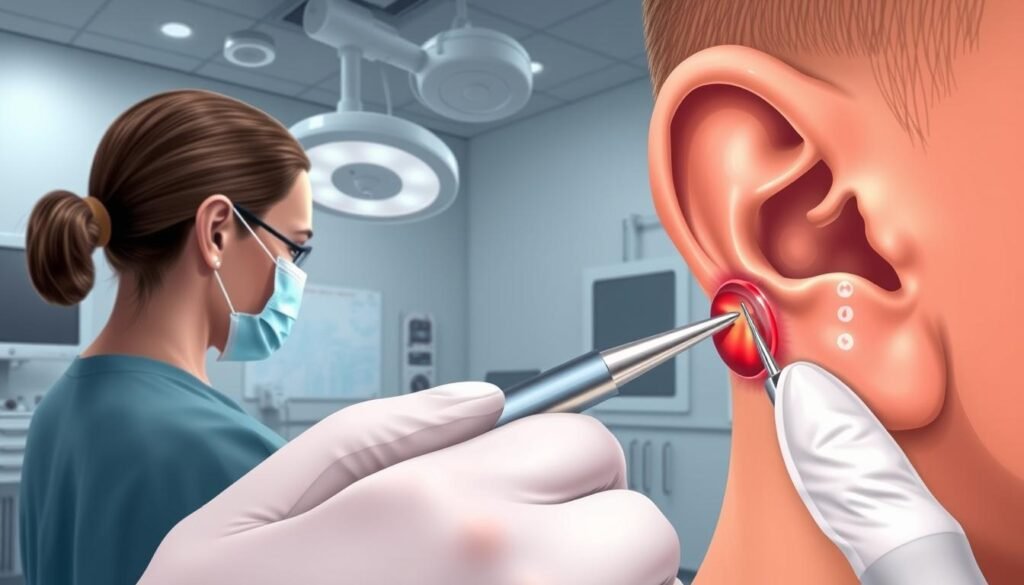 A high-resolution medical illustration depicting the step-by-step keloid removal procedure from the perspective of a skilled dermatological surgeon. The foreground shows the detailed close-up of the surgeon's hands delicately excising the keloid scar using specialized surgical tools, with the middle ground showing the patient's ear in profile and the background providing a clean, sterile TKMD medical suite setting with appropriate lighting and equipment. The image conveys the technical precision, care, and expertise required to perform this procedure safely and effectively.