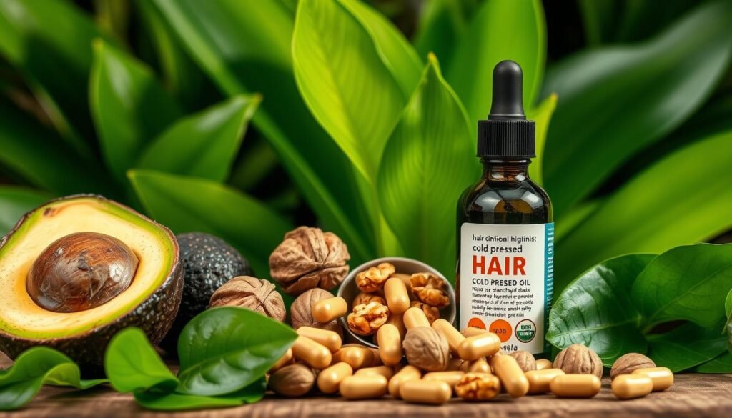 A highly detailed and vibrant still life composition, captured with a crisp, high-resolution lens. In the foreground, a selection of organic superfoods and supplements associated with hair health, such as avocado, walnuts, biotin capsules, and a bottle of cold-pressed hair oil. The middle ground features lush, glossy leaves in shades of green, creating a natural, verdant backdrop. The lighting is soft and diffused, casting gentle shadows and emphasizing the rich, saturated colors of the ingredients. The overall mood is one of tranquility, wellness, and a holistic approach to nourishing and revitalizing the hair. A highly detailed and vibrant still life composition, captured with a crisp, high-resolution lens. In the foreground, a selection of organic superfoods and supplements associated with hair health, such as avocado, walnuts, biotin capsules, and a bottle of cold-pressed hair oil. The middle ground features lush, glossy leaves in shades of green, creating a natural, verdant backdrop. The lighting is soft and diffused, casting gentle shadows and emphasizing the rich, saturated colors of the ingredients. The overall mood is one of tranquility, wellness, and a holistic approach to nourishing and revitalizing the hair.