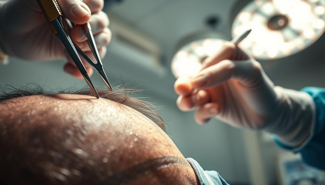 A highly detailed, medically accurate surgical scene of a hair transplant procedure. In the foreground, the patient's scalp is partially shaved, with the TKMD surgical instruments visible - forceps, scalpels, and grafting needles. In the middle ground, the surgeon's hands skillfully extract individual hair follicles, with precision and care. The background depicts the sterile medical environment, with bright overhead lighting casting a clinical atmosphere. Convey the safety, professionalism, and expertise associated with a TKMD hair transplant surgery.