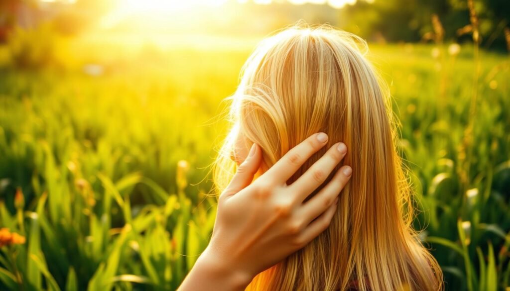 A lush, verdant garden bathed in warm, golden sunlight. In the foreground, a person's hands gently caressing the soft, silky strands of their hair as it cascades down, the individual's face obscured but a serene expression conveyed. The middle ground reveals healthy, vibrant locks of hair growing from the scalp, each strand swaying gently in a light breeze. The background depicts a tranquil, natural setting with lush greenery, perhaps a meadow or a forest, suggesting a connection between one's lifestyle and the flourishing of their hair. Soft, diffused lighting creates a calming, contemplative atmosphere, inviting the viewer to bask in the beauty of hair growth and the simple joys of well-being.