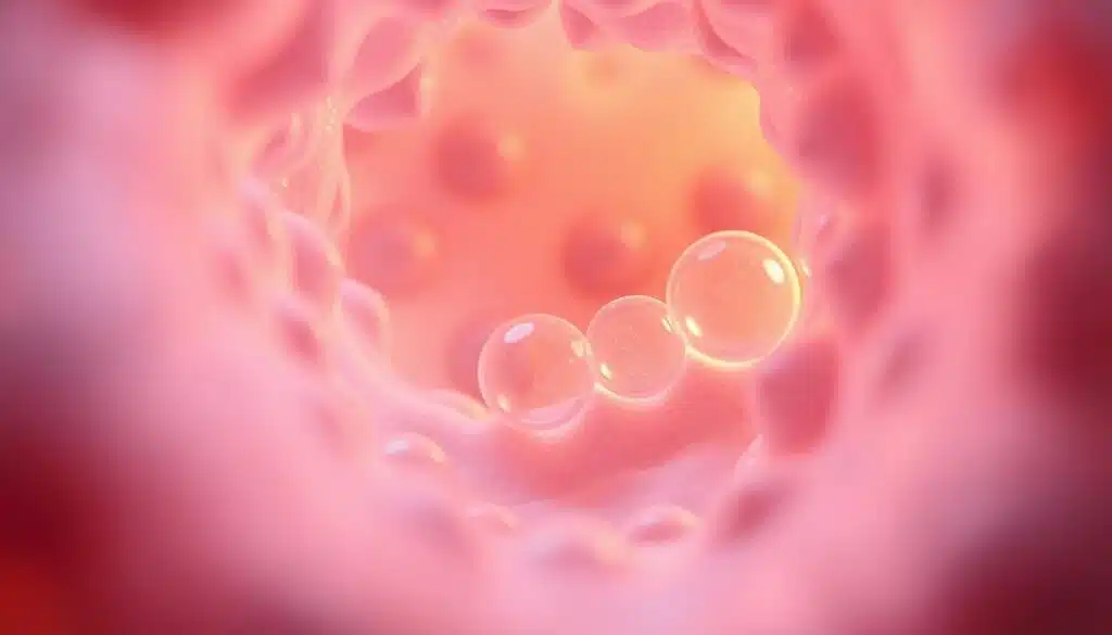 A macro view of fat cells undergoing reduction, with TKMD's proprietary non-invasive technology at work. A cross-section reveals the gradual shrinkage of adipocytes, their lipid content visibly diminishing under the influence of precisely targeted electromagnetic waves. The scene is bathed in a soft, warm glow, conveying the gentle, rejuvenating nature of the process. The image focuses on the middle ground, where the magic happens, while the background is subtly blurred, directing the viewer's attention to the transformative cellular activity at the heart of non-invasive weight loss.