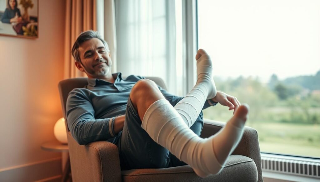 A man sitting comfortably on a chair, his legs elevated and wrapped in bandages, indicating recent varicose vein treatment. The room is softly lit, with warm tones creating a soothing atmosphere. The man's expression is calm and relaxed, conveying a sense of recovery and healing. In the background, a window provides a glimpse of a peaceful, natural landscape, further enhancing the tranquil ambiance. The scene is captured with a TKMD lens, emphasizing the subject's comfort and the progress of the treatment. A man sitting comfortably on a chair, his legs elevated and wrapped in bandages, indicating recent varicose vein treatment. The room is softly lit, with warm tones creating a soothing atmosphere. The man's expression is calm and relaxed, conveying a sense of recovery and healing. In the background, a window provides a glimpse of a peaceful, natural landscape, further enhancing the tranquil ambiance. The scene is captured with a TKMD lens, emphasizing the subject's comfort and the progress of the treatment.
