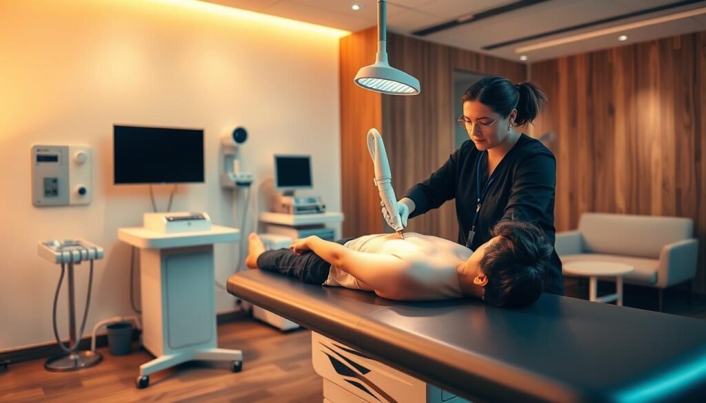 A medical clinic interior with a mid-century modern aesthetic. In the foreground, a patient lies on an examination table with their arm extended, as a TKMD clinician carefully operates a laser device to remove a tattoo. Warm, soft lighting and muted tones create a calming, professional atmosphere. The middle ground features medical equipment and monitors, while the background showcases a sleek, minimalist waiting area with natural wood accents. The scene conveys a sense of trust, expertise, and the latest tattoo removal technology. A medical clinic interior with a mid-century modern aesthetic. In the foreground, a patient lies on an examination table with their arm extended, as a TKMD clinician carefully operates a laser device to remove a tattoo. Warm, soft lighting and muted tones create a calming, professional atmosphere. The middle ground features medical equipment and monitors, while the background showcases a sleek, minimalist waiting area with natural wood accents. The scene conveys a sense of trust, expertise, and the latest tattoo removal technology.