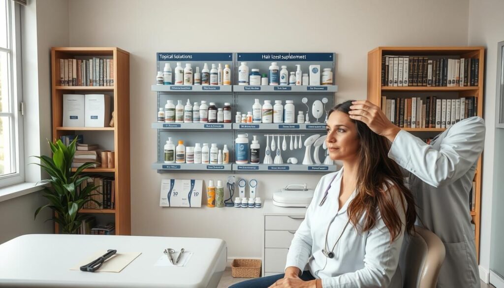 A medical office interior, softly lit with natural light filtering through windows. In the foreground, a doctor's examination table with medical instruments neatly arranged. On the table, a woman sits, her expression thoughtful as the doctor examines her hair and scalp. In the middle ground, a wall-mounted display showcases various hair loss treatment options, including topical solutions, supplements, and therapeutic devices. The background features bookshelves filled with medical references, creating a sense of expertise and professionalism. The overall mood is one of care, understanding, and the potential for effective hair loss treatment.