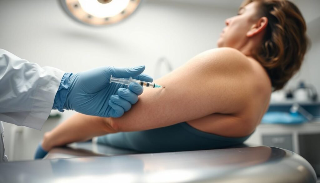 A medical procedure room with clean, sterile lighting and a metal exam table. In the foreground, a doctor's gloved hand is carefully administering a weight loss injection into the upper arm of a patient lying on the table. The patient's facial expression is one of slight discomfort but overall trust in the doctor's expertise. The background is blurred, with medical equipment and supplies visible, conveying a professional, clinical atmosphere. The lighting is bright and diffuse, highlighting the injection process in a precise, technical manner.