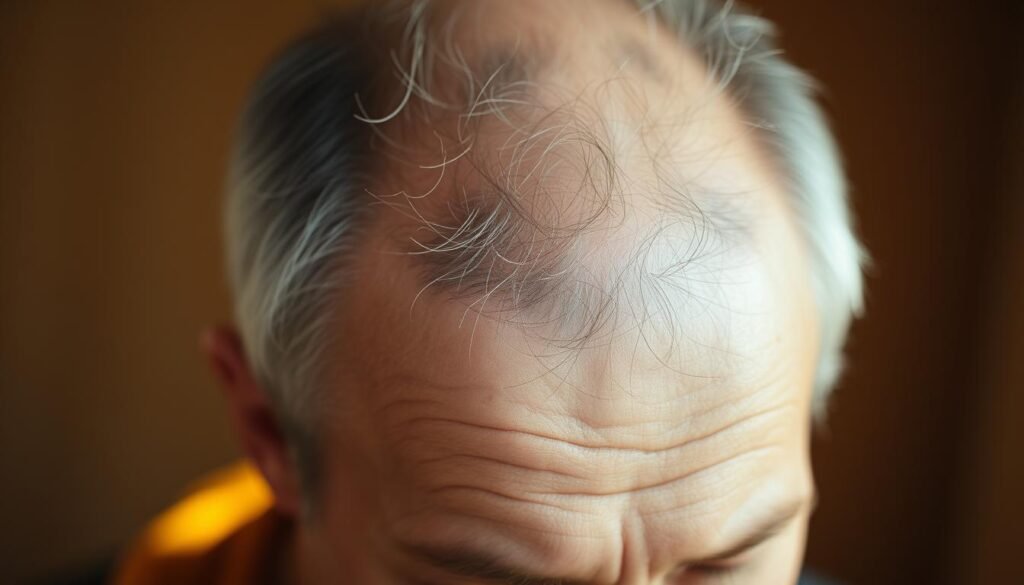 A middle-aged person with diffuse thinning and patchiness on the scalp, depicting the effects of medical conditions like alopecia areata, androgenetic alopecia, or chemotherapy-induced hair loss. The subject is bathed in warm, natural lighting, creating a sense of vulnerability and concern. Soft focus in the background, drawing the viewer's attention to the focal point. TKMD