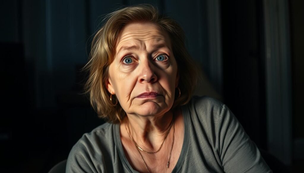 A middle-aged woman with a gaunt, fatigued expression sits alone in a dimly lit room. Her sunken eyes and hollow cheeks suggest the physical toll of rapid weight loss. A hazy, indistinct background conveys a sense of isolation and discomfort. Harsh shadows accentuate the woman's withered frame, highlighting the unintended consequences of dramatic weight change. The scene is captured through a moody, low-key lighting setup, using a slightly wider lens to emphasize the subject's vulnerable, diminished state.