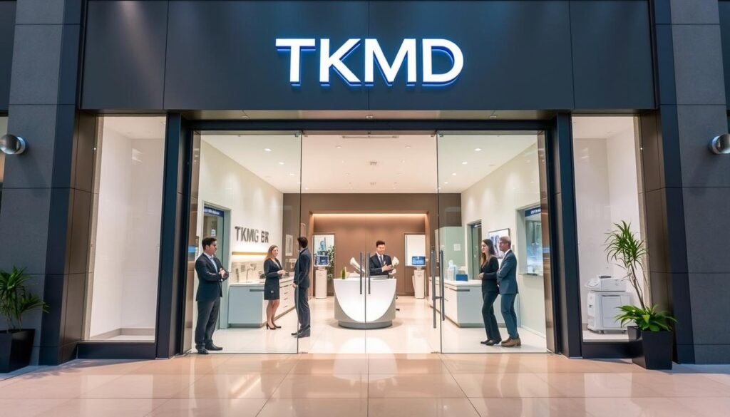 A modern and welcoming laser clinic entrance, with the TKMD brand name prominently displayed. The front facade features sleek, contemporary architecture with large windows allowing natural light to flood the interior. Smartly dressed staff greet patients in a bright, clean reception area. Medical equipment and treatment rooms are visible through hallways, conveying a sense of professionalism and advanced technology. The overall atmosphere is one of comfort, confidence and high-quality care.