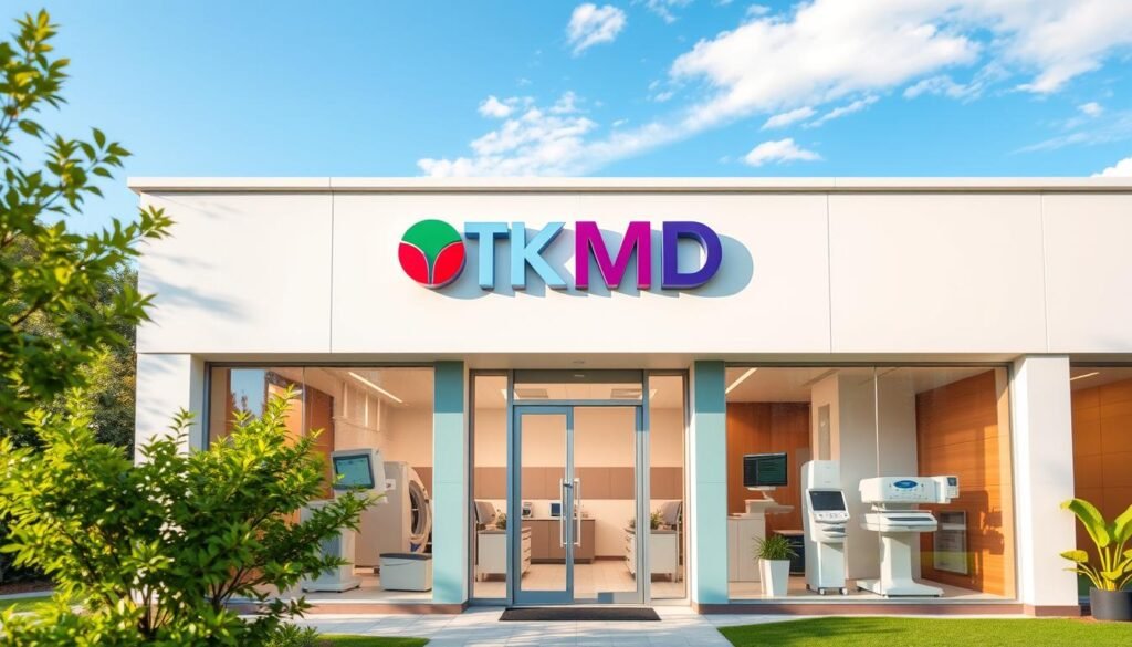 A modern, well-equipped medical clinic with the TKMD brand prominently displayed on the facade. The clinic is set against a backdrop of lush greenery and a clear blue sky, conveying a sense of tranquility and professionalism. The entrance is highlighted by a glass-paneled doorway, inviting patients to step inside. The interior is bright and airy, with clean lines and state-of-the-art medical equipment visible through the windows. Warm lighting and a welcoming atmosphere create a comfortable environment for patients seeking comprehensive healthcare services.