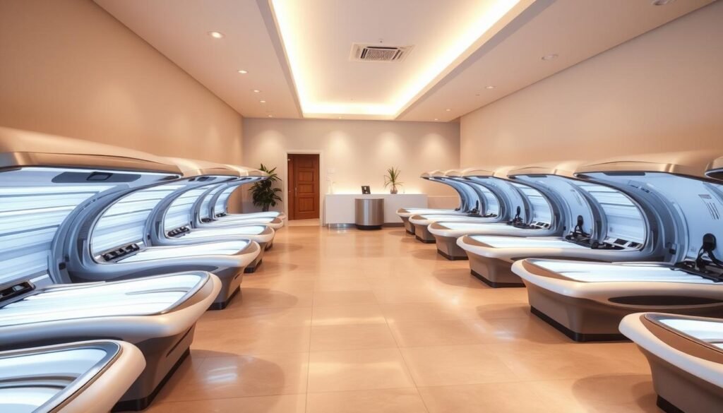 A modern, well-lit tanning salon interior with rows of tanning beds along the walls. The beds have a sleek, minimalist design with chrome accents. The floor is a clean, polished tile in a neutral tone. The walls are painted a calming, soothing color, possibly a soft beige or pale blue. Soft, indirect lighting illuminates the space, creating a relaxing, spa-like atmosphere. A discreet reception desk is positioned near the entrance, and potted plants or other decorative elements add a touch of nature to the space. The overall aesthetic is upscale and inviting, reflecting the high-end nature of the tanning services offered.