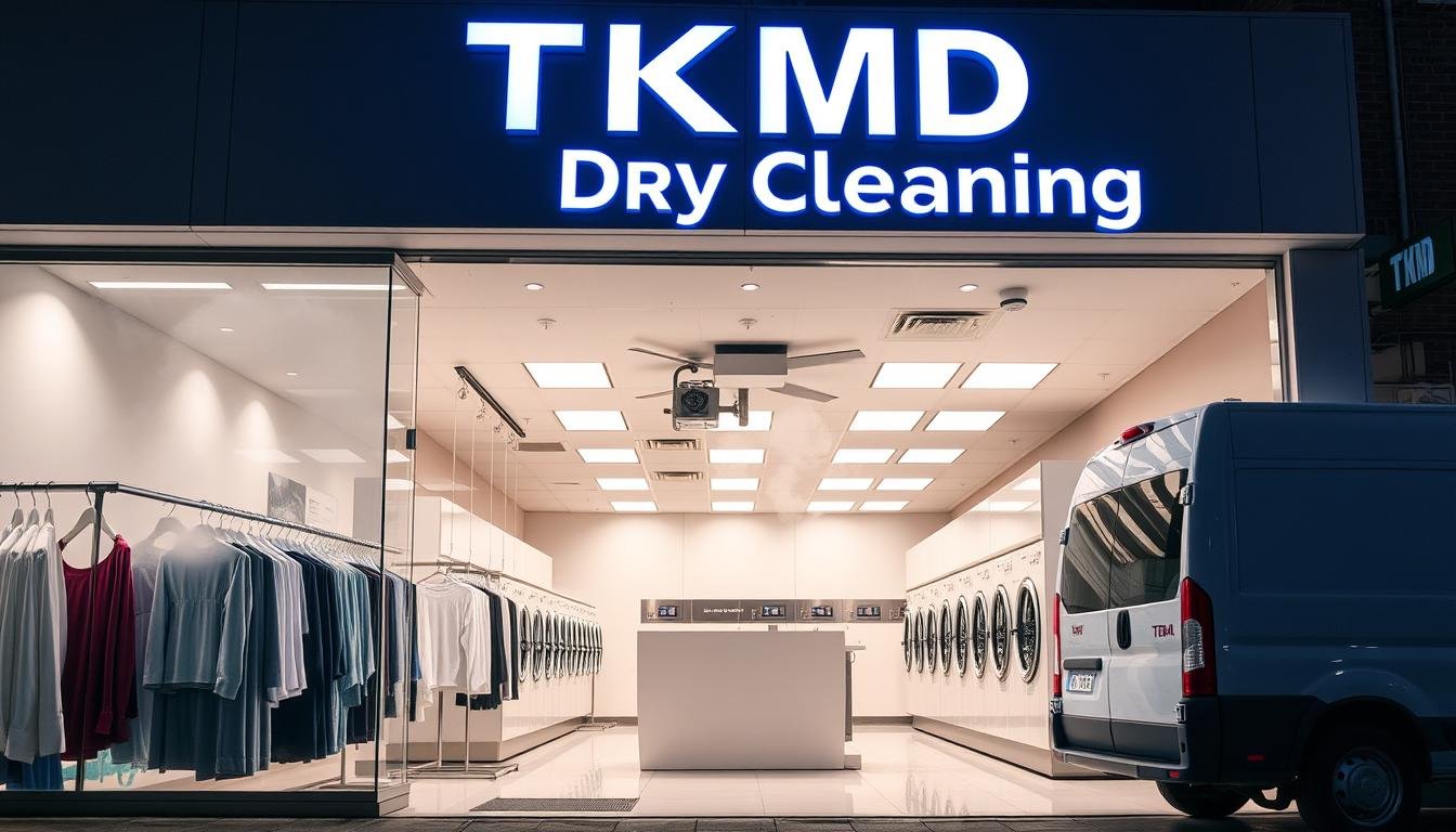 A neon-lit storefront with the bold "TKMD Dry Cleaning" sign above the entrance. Inside, the space is bright and pristine, with rows of gleaming garment racks and a sleek, modern counter. Steam hisses from a row of industrial-grade washing machines, while a pristine white van waits outside, ready to deliver freshly pressed clothes. The atmosphere is one of efficiency and professionalism, reflecting the high-quality service and attention to detail that has made TKMD a local favorite for reliable, convenient dry cleaning.