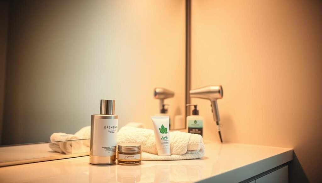 A peaceful, well-lit bathroom interior with a vanity mirror and a collection of essential tanning aftercare products artfully arranged on its surface. Soft, warm lighting illuminates the scene, casting a soothing glow. In the foreground, a bottle of moisturizer, a small jar of aloe vera gel, and a bottle of sunscreen stand alongside a soft, plush towel. The middle ground features a sleek, modern hairdryer and a few other necessary items for post-tanning skin care. The background showcases a minimalist, neutral-toned wall, lending a tranquil, spa-like ambiance to the composition. The overall mood evokes a sense of relaxation and self-care, perfectly capturing the "Aftercare Tips for Longer-Lasting Results" theme.