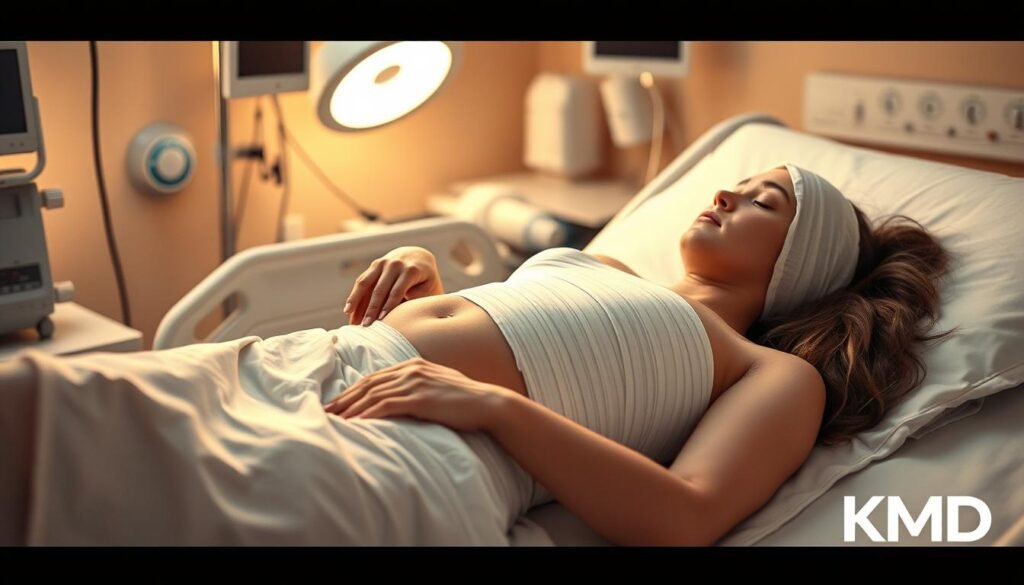 A post-operative patient lying comfortably on a hospital bed, their abdomen swathed in bandages. The room is bathed in soft, warm lighting, creating a soothing, therapeutic atmosphere. Medical equipment and monitoring devices are discreetly positioned, conveying a sense of professional care. The patient's expression is one of calm and quiet contemplation, reflecting the restorative nature of the tummy tuck recovery process. TKMD logo subtly incorporated into the scene.