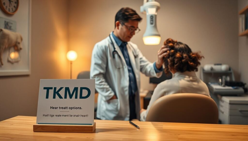 A professional doctor in a white coat stands in a cozy examination room, examining a patient's head under warm, diffused lighting. In the foreground, a TKMD branded sign and medical instruments sit on a clean, wooden desk. The middle ground depicts the doctor carefully inspecting the patient's hair and scalp, discussing treatment options. The background features muted, calming colors and hints of medical equipment, creating an atmosphere of trust and expertise.