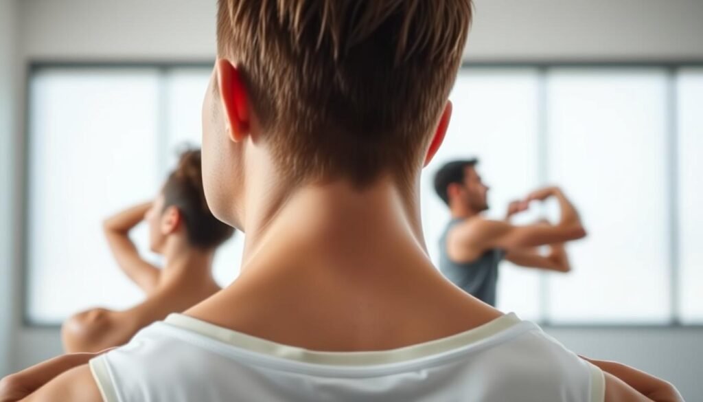 A professional, high-quality image of a person performing various neck exercises. The foreground shows a close-up of a person's neck and shoulders, with the person's head turned from side to side, demonstrating lateral neck stretches and rotations. The middle ground features the person performing neck flexion and extension exercises, while the background is blurred, providing a clean, minimalist setting. The lighting is soft and flattering, emphasizing the muscle definition and movement of the neck. Captured with a TKMD 50mm f/1.8 lens, this image conveys a sense of focus and attention to detail, perfectly illustrating the "Effective Exercises to Remove Neck Fat" section.