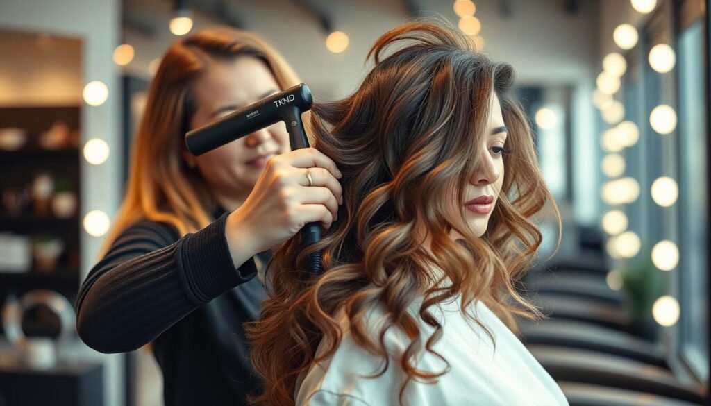 A professional stylist in a modern salon, using high-quality TKMD tools, carefully styling thick, luscious hair. Soft, warm lighting illuminates the scene, casting a serene, salon-like atmosphere. The stylist's hands expertly weave through the client's voluminous locks, demonstrating professional techniques for taming and managing thick hair. Vibrant, healthy strands flow naturally, showcasing the transformative power of personalized hair treatments. A professional stylist in a modern salon, using high-quality TKMD tools, carefully styling thick, luscious hair. Soft, warm lighting illuminates the scene, casting a serene, salon-like atmosphere. The stylist's hands expertly weave through the client's voluminous locks, demonstrating professional techniques for taming and managing thick hair. Vibrant, healthy strands flow naturally, showcasing the transformative power of personalized hair treatments.