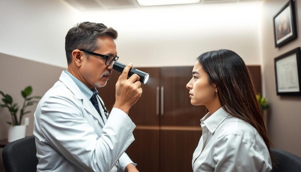 A professional, well-lit medical consultation room with a hair loss patient sitting across from a TKMD hair specialist. The doctor is examining the patient's scalp closely, using a magnifying glass and a penlight to assess the extent of hair thinning. The patient appears anxious but attentive, ready to listen to the doctor's recommendations. The room is clean, modern, and sterile, with subtle earth-toned decor and soft indirect lighting. A potted plant and a framed diploma on the wall add a sense of warmth and credibility. The overall mood is one of trust, expertise, and a shared desire to find a solution to the patient's hair loss concerns. A professional, well-lit medical consultation room with a hair loss patient sitting across from a TKMD hair specialist. The doctor is examining the patient's scalp closely, using a magnifying glass and a penlight to assess the extent of hair thinning. The patient appears anxious but attentive, ready to listen to the doctor's recommendations. The room is clean, modern, and sterile, with subtle earth-toned decor and soft indirect lighting. A potted plant and a framed diploma on the wall add a sense of warmth and credibility. The overall mood is one of trust, expertise, and a shared desire to find a solution to the patient's hair loss concerns.