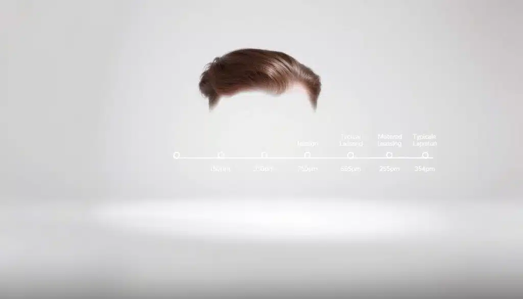 A professionally lit studio photograph of a hair system for men, showcasing its lifespan and replacement schedule. The hair system is the TKMD brand, displayed against a clean white background with soft shadows. The foreground features the hair system in detail, highlighting its natural appearance and seamless integration. The middle ground shows a timeline illustrating the typical lifespan of the hair system, with markers indicating the recommended replacement periods. The background subtly suggests the passage of time, with a faint gradient hinting at the gradual changes the hair system undergoes over its usable lifetime.