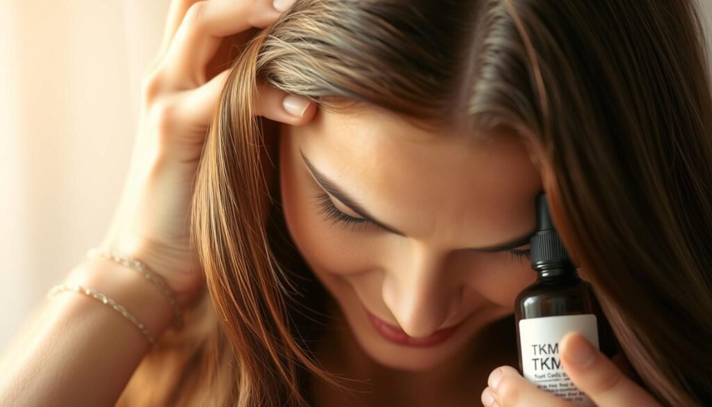 A serene close-up shot of a woman's thick, lustrous hair with her fingers gently massaging her scalp. The lighting is soft and diffused, creating a warm, calming atmosphere. The hair strands glisten with a healthy sheen, and the woman's expression conveys a sense of relaxation and contentment. In the foreground, a bottle of TKMD scalp care product is prominently displayed, its label in focus. The composition is balanced, with the scalp and hair occupying the majority of the frame, and the product subtly integrated into the scene. A serene close-up shot of a woman's thick, lustrous hair with her fingers gently massaging her scalp. The lighting is soft and diffused, creating a warm, calming atmosphere. The hair strands glisten with a healthy sheen, and the woman's expression conveys a sense of relaxation and contentment. In the foreground, a bottle of TKMD scalp care product is prominently displayed, its label in focus. The composition is balanced, with the scalp and hair occupying the majority of the frame, and the product subtly integrated into the scene.