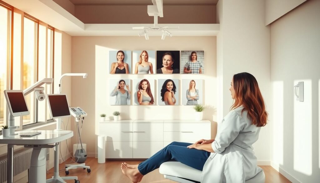 A serene medical clinic interior, bathed in warm, natural lighting from large windows. In the foreground, a patient sits on an examination table, discussing weight loss treatments with an attentive doctor. Sleek, modern medical equipment lines the walls, creating an atmosphere of professionalism and care. The middle ground showcases a display of before-and-after photographs, demonstrating the transformative results of the weight loss procedures. In the background, a soothing, neutral-toned color palette and minimal decor foster a sense of calm and reassurance. The overall scene conveys the expertise, empathy, and state-of-the-art facilities that cater to the specific needs of ideal candidates for fat injection weight loss treatments.