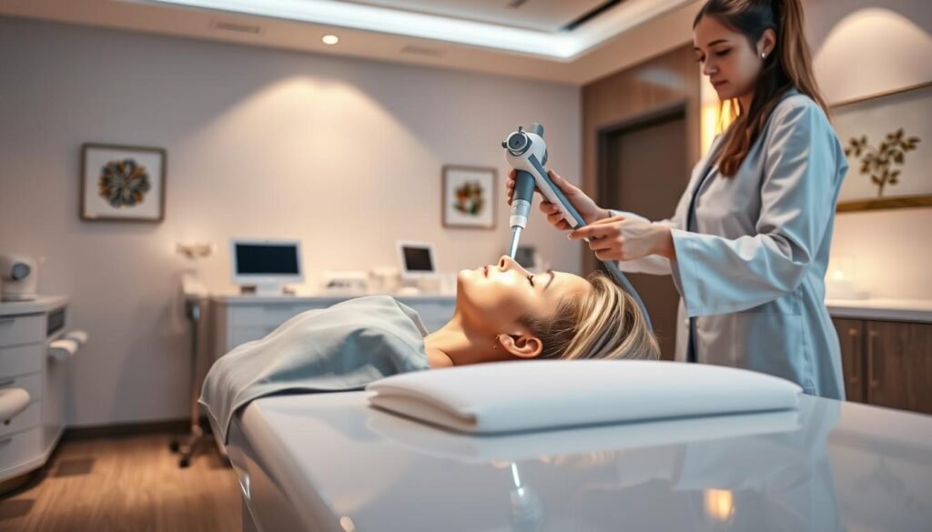 A serene, well-lit medical office interior, with a sleek, modern aesthetic. In the foreground, a patient reclining on a treatment table, their face partially obscured by a handheld laser device operated by a focused, white-coated professional. The background features state-of-the-art medical equipment, subtle wall decor, and warm, indirect lighting, conveying a sense of comfort and expertise. Soft, diffused shadows and reflections on the polished surfaces create a visually captivating, high-quality scene that evokes the precision and care of a top-tier laser skin treatment provider.