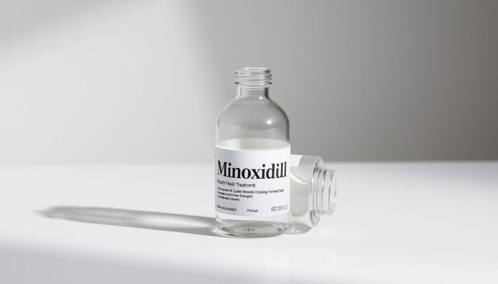 A sleek, glass bottle filled with a clear liquid, resting on a clean, white surface. The bottle's label prominently displays the word "Minoxidil" in a bold, sans-serif font. The lighting is soft and directional, casting subtle shadows that accentuate the bottle's form and texture. The background is a muted, neutral tone, allowing the product to be the focal point. The overall composition is simple, elegant, and straightforward, emphasizing the effectiveness and professionalism of this FDA-approved hair regrowth treatment.