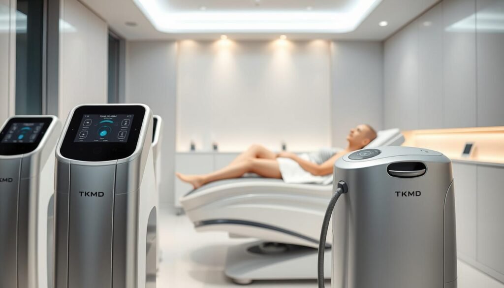 A sleek, minimalist medical clinic with a cutting-edge aesthetic. In the foreground, a series of state-of-the-art TKMD non-surgical fat removal devices, their smooth metallic surfaces gleaming under perfectly balanced studio lighting. In the middle ground, a patient reclining comfortably, undergoing a non-invasive fat reduction procedure, their expression serene and content. The background features a clean, modern interior design with subtle accent lighting, conveying a sense of technological innovation and therapeutic tranquility.