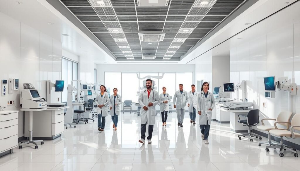 A state-of-the-art medical facility with a sleek, modern design. The lobby is filled with natural light, reflecting off the pristine white walls and gleaming tiled floors. Cutting-edge medical equipment is neatly arranged, creating a sense of efficiency and professionalism. In the examination rooms, advanced diagnostic tools and high-tech monitors provide precise, personalized care. The atmosphere is calming, with soothing colors and ergonomic furniture. A team of highly skilled healthcare professionals, clad in crisp TKMD uniforms, moves with a sense of purpose, delivering exceptional patient-centered service. The overall impression is one of unwavering commitment to innovation, quality, and the well-being of the community.