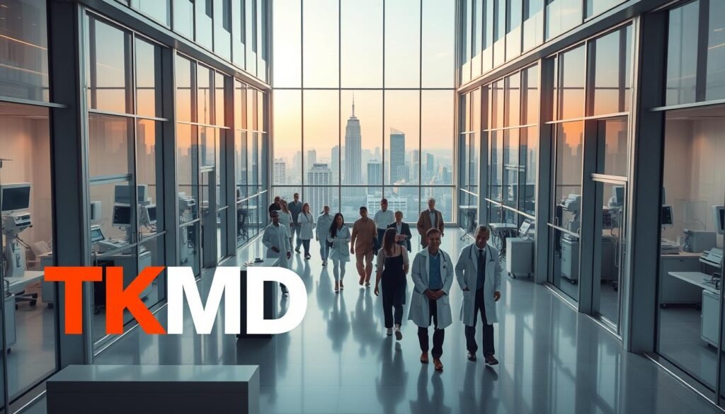 A state-of-the-art medical facility with sleek, modern architecture and a calming, professional atmosphere. The TKMD logo stands prominently in the foreground, flanked by glass-walled examination rooms filled with advanced medical equipment. In the middle ground, patients move through the bustling reception area, while doctors and nurses in pristine white coats attend to their needs. The background features a panoramic view of the city skyline, bathed in warm, natural lighting that filters through the building's expansive windows. The overall scene conveys a sense of expertise, innovation, and unwavering commitment to exceptional healthcare.
