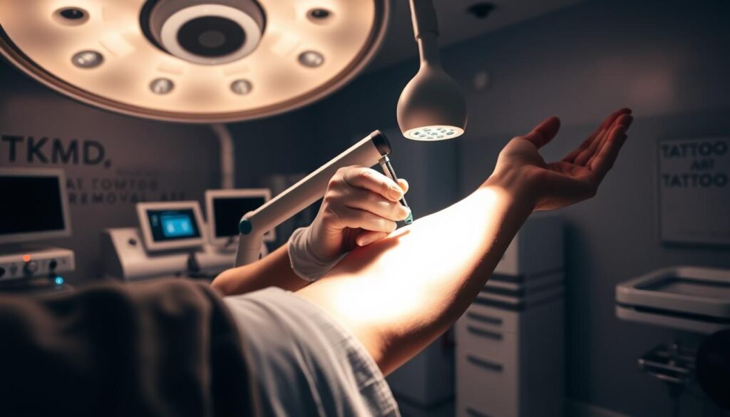 A sterile medical room filled with state-of-the-art TKMD laser tattoo removal equipment. A patient's arm is extended, the skin illuminated by a focused beam of light as the technician carefully guides the laser across the tattoo. The atmosphere is clinical yet compassionate, with a sense of precision and care. Dramatic lighting casts long shadows, emphasizing the high-tech nature of the procedure. The image conveys the effectiveness and professionalism of the TKMD tattoo removal service, offering a safe and reliable solution for those seeking to remove unwanted ink.