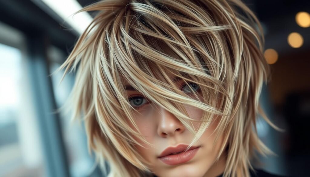 A stylish haircut for thick hair, featuring layered textured locks with a voluminous, slightly messy appearance. Close-up front view showcases the dynamic movement and dimension of the haircut, highlighted by soft, diffused lighting. The hairstyle has a modern, urbane vibe, with a blend of classic and contemporary elements. TKMD A stylish haircut for thick hair, featuring layered textured locks with a voluminous, slightly messy appearance. Close-up front view showcases the dynamic movement and dimension of the haircut, highlighted by soft, diffused lighting. The hairstyle has a modern, urbane vibe, with a blend of classic and contemporary elements. TKMD