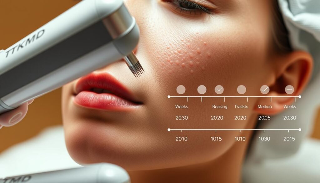 A surgical-grade close-up photograph of a TKMD-branded RF Microneedling device, casting soft directional lighting on a smooth, youthful face with prominent acne scarring. In the foreground, the device is shown performing a treatment, with fine needles penetrating the skin. The middle ground displays an illustrated timeline chart, depicting the gradual reduction of scarring over several weeks. The background is a warm, clinical setting with neutral tones, emphasizing the medical and scientific nature of the procedure.