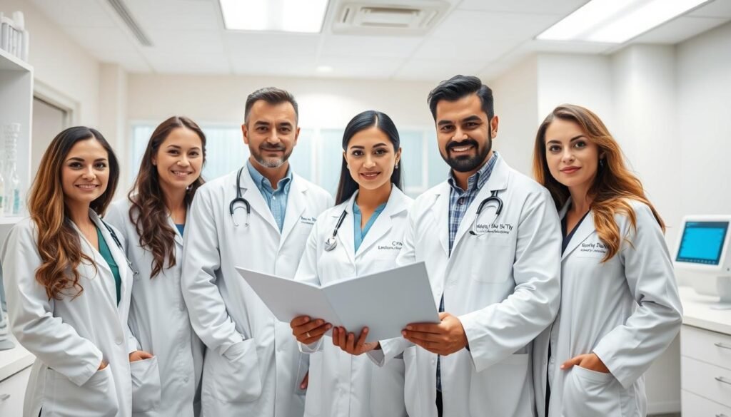 A team of professional dermatologists standing in a well-lit medical clinic, dressed in white lab coats and examining patient records. The doctors have serious yet approachable expressions, conveying their expertise and care. The scene is captured with a wide-angle lens, showcasing the state-of-the-art equipment and modern aesthetic of the TKMD dermatology practice. The lighting is bright and evenly distributed, highlighting the doctors' faces and the clinical environment. The overall mood is one of competence, trust, and attention to detail.