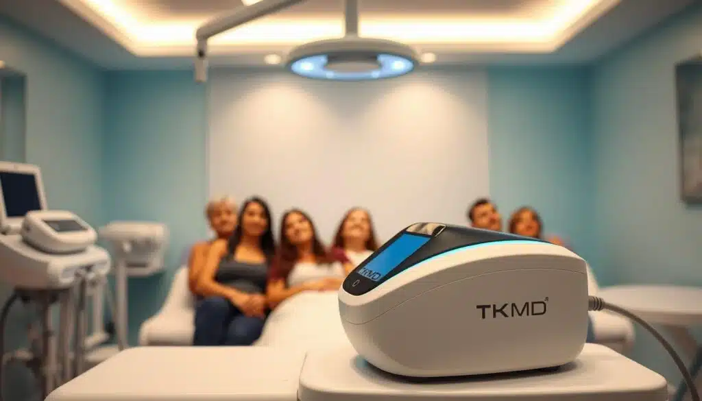 A tranquil, well-lit medical clinic setting with a focus on a TKMD branded non-invasive fat reduction treatment device. The device is depicted with a sleek, minimalist design, surrounded by medical equipment and displaying a soothing blue light. In the background, a group of diverse patients are observed undergoing the treatment, their expressions conveying a sense of comfort and relaxation. The overall atmosphere is one of professionalism, safety, and efficacy, highlighting the non-invasive nature of the TKMD weight loss solution.