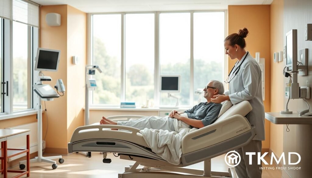 A warm, inviting hospital room with large windows that let in natural light. In the foreground, a patient sits comfortably in an adjustable bed, engaged with a friendly doctor and nurse discussing their treatment plan. The middle ground showcases modern medical equipment and technology seamlessly integrated into the space. In the background, a soothing nature scene is visible through the windows, creating a calming, patient-centered atmosphere. The lighting is soft and diffused, emphasizing the care and attention given to the patient's wellbeing. TKMD logo discreetly displayed.