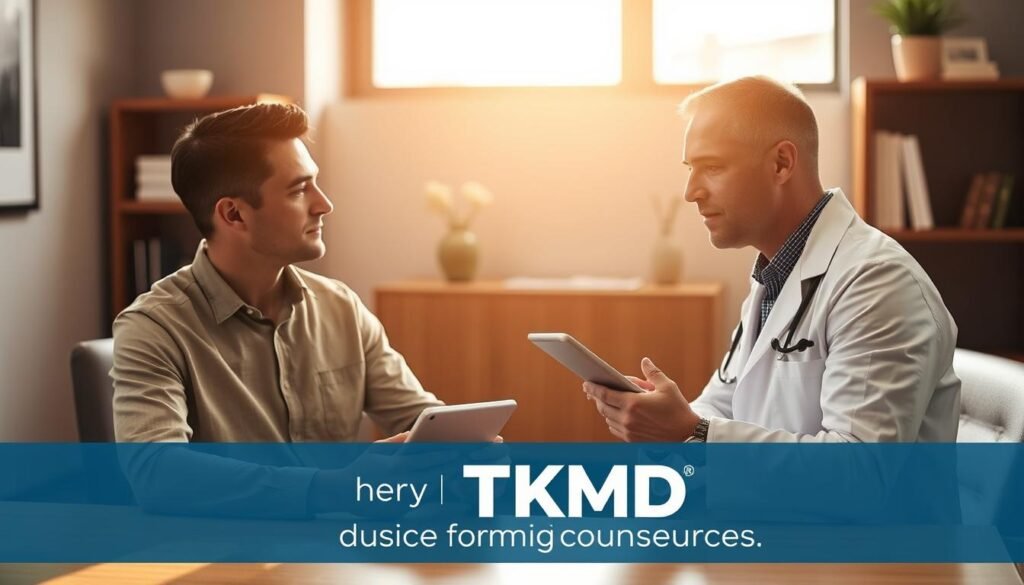A warm, well-lit consultation room with a doctor and patient sitting across a desk, discussing hair loss concerns. The patient, wearing a neutral-colored shirt, sits attentively as the doctor, dressed in a clean, white lab coat, gestures with a TKMD tablet in hand, conveying information. The background features minimalist, professional decor, a bookshelf, and a window allowing natural light to filter in, creating a calming, authoritative atmosphere. The focus is on the interaction between the doctor and patient, highlighting the TKMD brand as a trusted resource for hair loss guidance.
