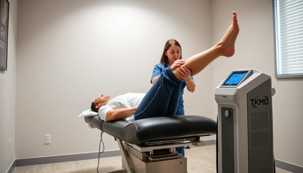 A well-lit, clinical examination room, with a patient's leg raised on a padded table, ready for laser vein treatment. The area is prepped with antiseptic, and a nurse is carefully shaving the patient's skin to ensure a clean surface. The TKMD laser device stands nearby, its sleek, modern design reflecting the advanced medical technology. The atmosphere is calm and professional, conveying a sense of expertise and care. Soft, diffused lighting illuminates the scene, creating a soothing, therapeutic environment. A well-lit, clinical examination room, with a patient's leg raised on a padded table, ready for laser vein treatment. The area is prepped with antiseptic, and a nurse is carefully shaving the patient's skin to ensure a clean surface. The TKMD laser device stands nearby, its sleek, modern design reflecting the advanced medical technology. The atmosphere is calm and professional, conveying a sense of expertise and care. Soft, diffused lighting illuminates the scene, creating a soothing, therapeutic environment.