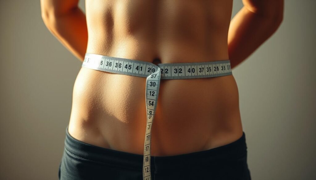 A well-lit, close-up photograph of a person's waist being measured with a flexible tape measure. The subject is standing upright with their abdomen exposed, allowing the tape to be wrapped around the narrowest part of their torso, just above the hip bones. The lighting is warm and natural, casting gentle shadows that accentuate the contours of the body. The camera angle is slightly elevated, giving a slightly downward perspective that emphasizes the tape measure's position. The background is simple and uncluttered, keeping the focus on the measuring process. The overall mood is informative and clinical, capturing the precise technique for determining waist circumference.