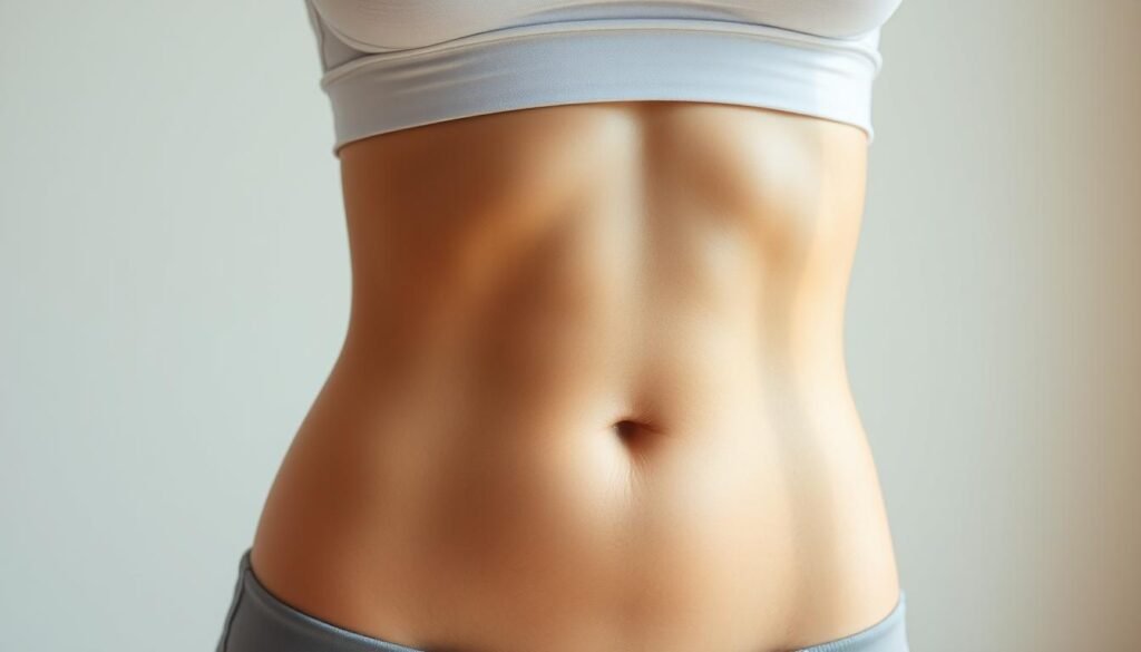 A well-lit, closeup photograph of a female midsection with defined musculature and minimal body fat. The lighting is soft and even, with natural highlights accentuating the toned abdominal area. The image is captured from a slightly elevated angle, emphasizing the flat, sculpted stomach. The background is minimalist, allowing the subject to be the focal point. The overall mood is one of health, fitness, and self-empowerment, conveying the idea of achieving a toned, strong, and visually appealing midsection through dedicated effort and discipline.