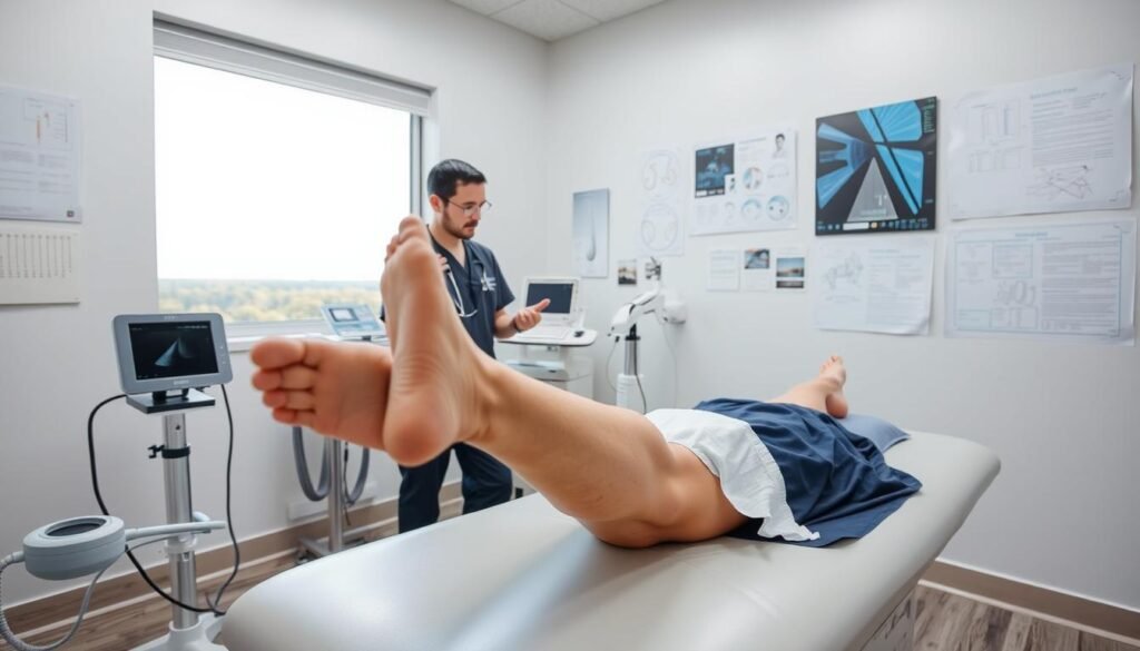 A well-lit examination room with crisp, clean lighting. In the foreground, a patient's leg rests on a treatment table, the skin exposed and prepared for a laser vein procedure. Medical equipment such as an ultrasound device, laser handpiece, and other tools are neatly arranged nearby. The middle ground features a doctor in scrubs, carefully examining the patient's leg and explaining the upcoming treatment. The background shows various medical charts, diagrams, and a window providing a calming view of a tranquil outdoor scene, conveying a sense of professionalism and patient comfort. A well-lit examination room with crisp, clean lighting. In the foreground, a patient's leg rests on a treatment table, the skin exposed and prepared for a laser vein procedure. Medical equipment such as an ultrasound device, laser handpiece, and other tools are neatly arranged nearby. The middle ground features a doctor in scrubs, carefully examining the patient's leg and explaining the upcoming treatment. The background shows various medical charts, diagrams, and a window providing a calming view of a tranquil outdoor scene, conveying a sense of professionalism and patient comfort.
